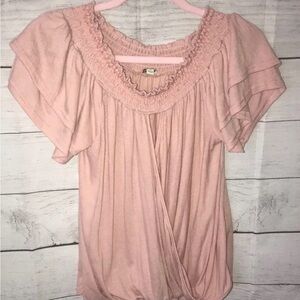 Umgee Pink Smocked Blouse with Scoop Neck and Flutter Sleeves